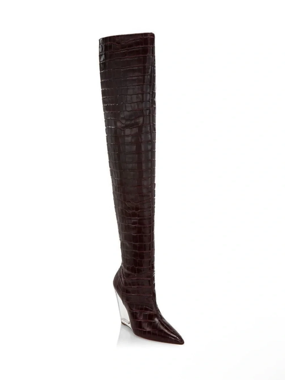NWT STUART WEITZMAN Lucite 100mm Wedge Croc Embossed Thigh High Boots 7